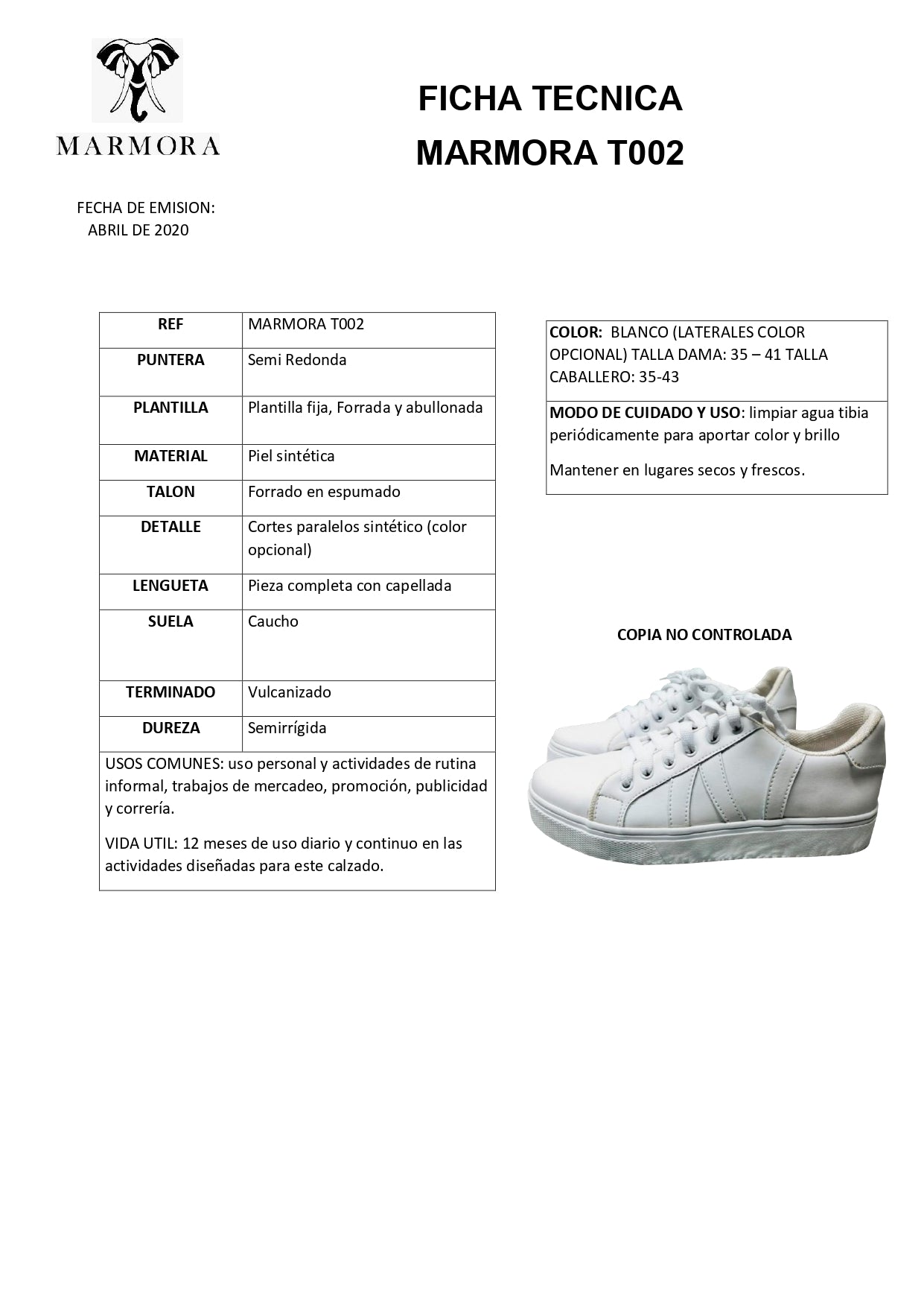 Tenis Deportivo Sintético Marmora T 002 . PRECIO SIN IVA