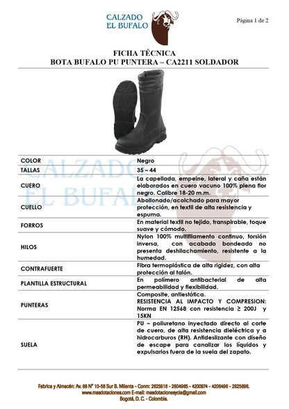 Bota Industrial Cuero CA2211 Soldador Puntera Composite Puntera Composite Suela Poliuretano. PRECIO SIN IVA