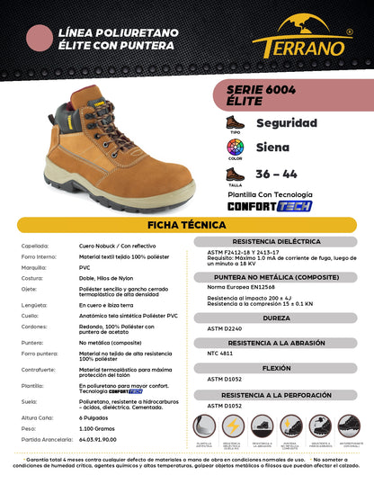 Bota Industrial Cuero 6004 Elite Seguridad con Puntera Composite Siena Reflectivo. PRECIO SIN IVA